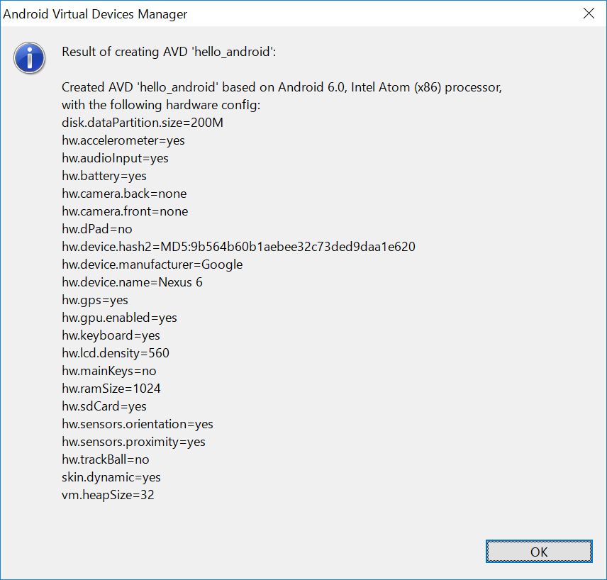 result of creating avd